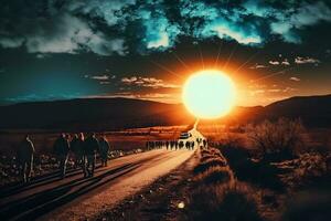 uma grupo do pessoas caminhando para dentro a pôr do sol. lindo panorama. neural rede gerado arte foto