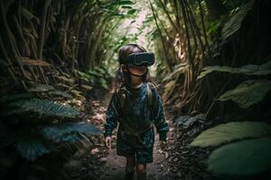 criança dentro virtual aumentado realidade capacete. futuro tecnologia conceito. neural rede ai gerado foto