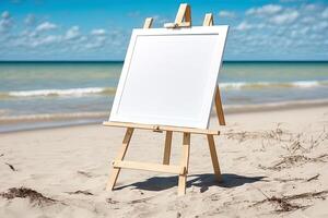 branco em branco artista quadro, Armação em uma pequeno de madeira cavalete em verão mar de praia fundo com cópia de espaço. publicidade brincar prancheta para As fotos ou obra de arte. pintura quadro, Armação modelo bandeira. generativo ai