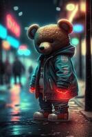 brinquedo fofa Urso dentro roupas Jaqueta e tênis em rua fundo com néon iluminação, generativo ai foto