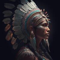 generativo ai nativo americano mulher dentro cerimonial cabeça vestir, reflexão do a silhueta do tribal ancestrais dentro dela olhos. fechar acima do colorida vestido nativo mulher isolado em Preto fundo. foto
