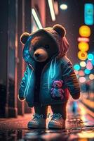 brinquedo fofa Urso dentro roupas Jaqueta e tênis em rua fundo com néon iluminação, generativo ai foto