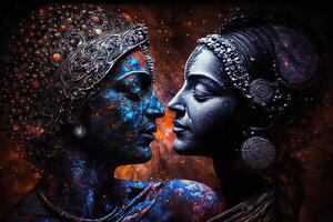 Radha Krishna dentro amor médio tiro fotografia retrato do cósmico galáctico generativo ai. símbolo do Divino amar. arte impressão para casa decoração hindu casal em abstrato decorativo fundo foto