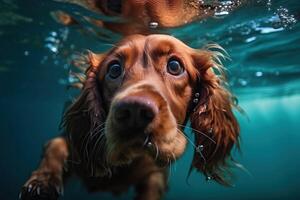 uma vermelho Cocker spaniel nada debaixo água, generativo ai. foto