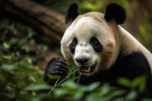 uma grande branco panda senta e come bambu dentro uma natureza reserva, generativo ai. foto