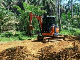 kuaro Kalimantan timur, Indonésia 28 abril 2023. pesado escavadora escavação solo dentro óleo Palma plantação foto