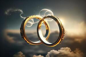 uma par do ouro Casamento argolas flutuando dentro a céu. dois Casamento argolas flutuando dentro a nuvens com uma Sol dentro a fundo e uma azul céu com nuvens abaixo eles. generativo ai. Casamento conceito. foto