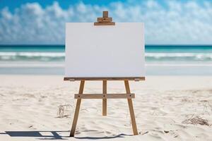 branco em branco artista quadro, Armação em uma pequeno de madeira cavalete em verão mar de praia fundo com cópia de espaço. publicidade brincar prancheta para As fotos ou obra de arte. pintura quadro, Armação modelo bandeira. generativo ai