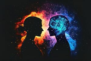 homem e mulher silhuetas às abstrato cósmico fundo. humano almas casal dentro amar. astral corpo, esotérico e espiritual vida conceito generativo ai foto