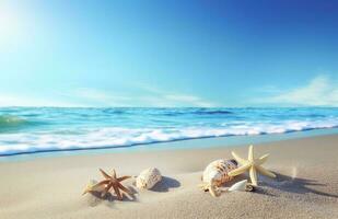 conchas do mar e estrelas do mar em a lindo tropical de praia e mar com azul céu fundo. verão período de férias conceito foto