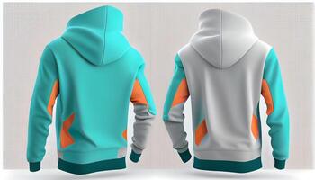 moletom com capuz raglan manga cheio zíper com bolso para brincar, 3d renderizar, frente e voltar, cópia de espaço, generativo ai foto