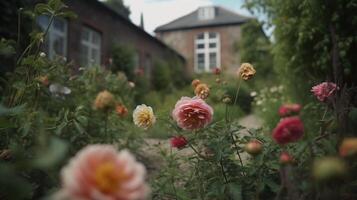 generativo ai, lindo verão privado jardim com muitos flores e plantas, natureza paisagem, Inglês campo chalé estilo foto