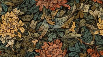 generativo ai, floral colorida padronizar. William Morris inspirado natural plantas e flores fundo, vintage ilustração. folhagem ornamento. foto