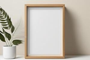 em branco cenário quadro, Armação brincar em parede dentro moderno interior. obra de arte modelo zombar acima dentro interior Projeto. de madeira cenário quadro, Armação brincar em branco parede minimalista - generativo ai foto