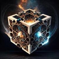 tesserato com fractal Projeto dentro ordem e caos. abstrato multiverso mundo com cúbico ai generativo . criativo surreal terra meio Ambiente de enigma obra de arte construção foto