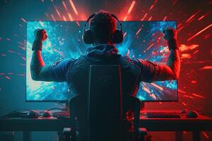 profissional esports jogador regozija-se dentro a vitória dentro vermelho azul iluminado jogos sala. jogador a comemorar vitória. ganhando a esports jogo. generativo ai. eletrônico Esportes jogador regozija-se vitória foto