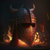 generativo uma ferro e couro viking capacete brilhando com profundo vermelho fogo, luz brilhante. foco metal viking Guerreiro capacete com chifres e runas foto