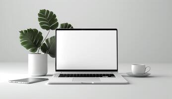 computador portátil brincar com verde folhas em branco fundo, generativo ai foto