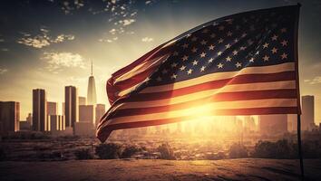 grande EUA bandeira em cidade fundo, pôr do sol ou dourado hora, generativo ai foto