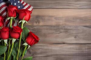 vermelho rosas sobre a EUA bandeira topo Visão plano deitar com cópia de espaço. generativo ai foto