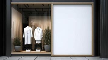em branco branco poster dentro uma fazer compras janela. 3d Renderização zombar acima, generativo ai foto