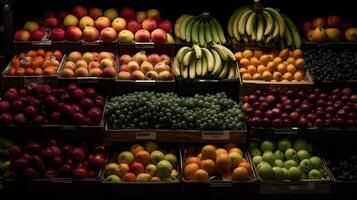uma coleção do frutas em uma supermercado estante ,fresco fruta produtos dentro a Shopping , generativo ai foto