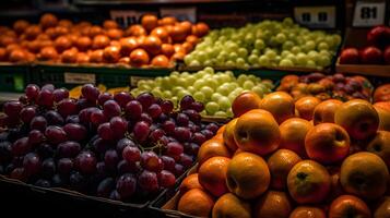 uma coleção do frutas em uma supermercado estante ,fresco fruta produtos dentro a Shopping , generativo ai foto