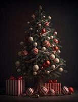 Natal árvore dentro Sombrio fundo com pilha do presentes caixa generativo ai foto