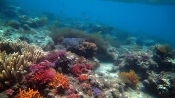 Visão do coral recifes em a inferior do a Claro mar, generativo ai foto