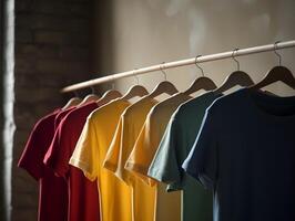 uma coleção do algodão Camisetas suspensão em uma cabide , generativo ai foto