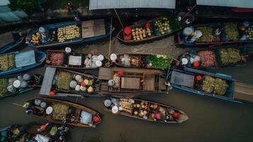 flutuando tradicional mercado, tradicional flutuando barco mercado, Visão a partir de drone, generativo ai foto