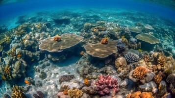 coral recifes em a inferior do a Claro mar, generativo ai foto