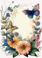 aguarela colorida borboleta flores fundo, generativo ai. foto