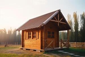 pequeno ecológico cabine de madeira casa. generativo ai foto