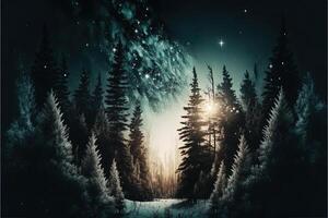 Natal decorado verde abeto árvores dentro inverno floresta, abstrato fantasia festivo Natal árvore fundo cabeçalho papel de parede, inverno abstrato panorama. luz solar dentro a inverno floresta. generativo ai foto