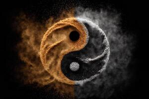 dourado e Preto yin yang símbolo com flutuando pó em Preto fundo. abstração, budismo, hinduísmo, símbolo, religião, Saldo conceito. generativo ai foto
