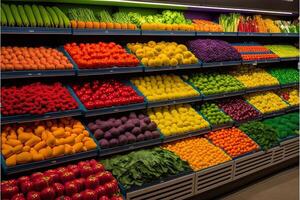 vegetal agricultor mercado contador colorida vários fresco orgânico saudável legumes às mercearia loja. saudável natural Comida conceito. generativo ai foto