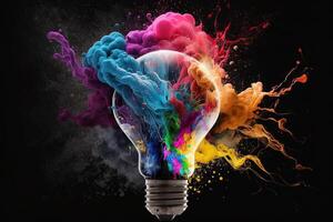 ilustração do colorida lâmpada com respingo do cores em Preto fundo. criatividade, eureca, imaginação, inspiração. generativo ai. idéia e solução conceito foto