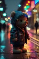 brinquedo fofa Urso dentro roupas Jaqueta e tênis em rua fundo com néon iluminação, generativo ai foto