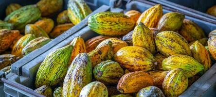 vagens de cacau maduras ou frutos de cacau amarelos colhem grãos de cacau para enviar para a fábrica de chocolate foto