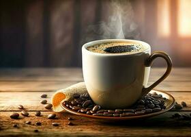 quente café copo com café feijões, papel de parede café foto