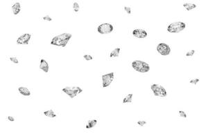 grande quantidade do brilhante diamantes queda em uma branco superfície foto