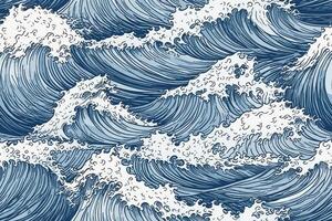 mão desenhado mar ondas sem fim desatado padrões dentro azul cores. oceano ilustração. gerado ai foto