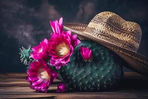 cinco de maionese feriado fundo. mexicano cacto com florescendo flores e festa sombrero chapéu. generativo ai ilustração foto