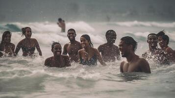 generativo ai, grupo do multicultural amigos desfrutando a dia às mar foto