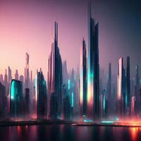 distante futuro distopia iluminado por neon Cidade 3d fotorrealista ilustração ai gerado foto