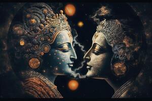 Radha Krishna dentro amor médio tiro fotografia retrato do cósmico galáctico generativo ai. símbolo do Divino amar. arte impressão para casa decoração hindu casal em abstrato decorativo fundo foto