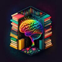 isto caprichoso imagem mostra uma cérebro com uma biblioteca dentro, Está neurônios e sinapses aceso acima dentro uma arco Iris do alegre cores. uma pilha do livros em uma estante indica conhecimento e aprendizado, generativo ai foto