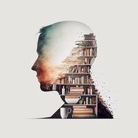 generativo ai uma estante de livros cheio do livros, Duplo exposição jovem homem misturado imagem, frente perfil em branco fundo. criativo Ideias, conhecimento e Habilidades do pessoa dentro social rede. foto