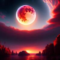 3d ultra-realista ilustração do uma vermelho lua sobre a horizonte com nuvens ai gerado foto